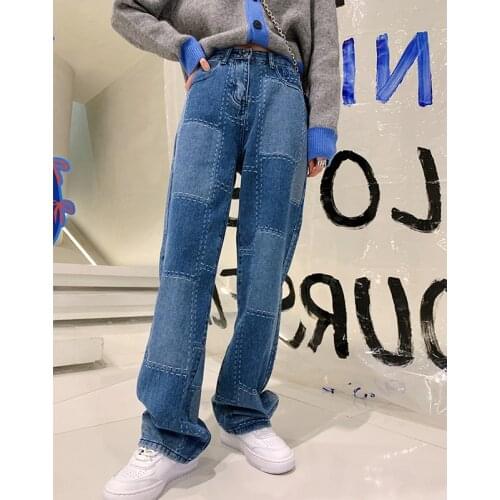 Patch Designs Straight Jeans Women 2021 New High Waist Loose Denim Trousers Fashion Mopping Wide Leg Pants Trend
