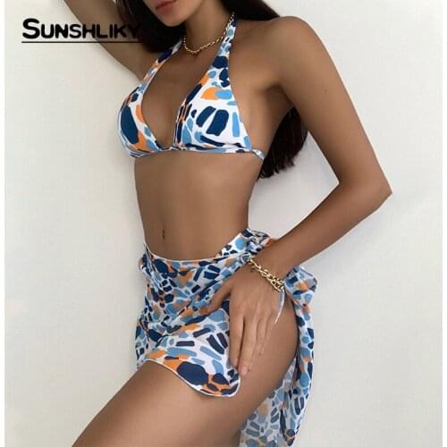 Sunshliky Summer Print Casual Three Pieces bikini set Women Chiffon Swimsuit Swimming Bikinis 2021 Mujer Beach Swimwear Bathing