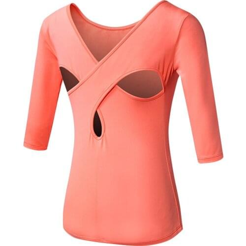 Womens yoga wear fitness running sports dance tight-fitting quick-drying shirt cross beautiful back mid-long sleeve Sports top