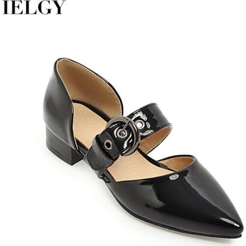 IELGY All-match Belt buckle Womens Pointed toe Casual Pump sandals Low heel Thick Korean version Black
