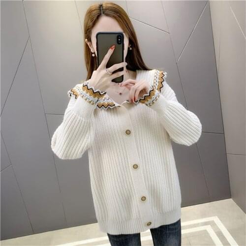 2021 Winter Knit Women Cardigans Solid Ruffles Single Breasted Sweaters Sweet Style Full Sleeve Knitwear Female Jumpers Coat