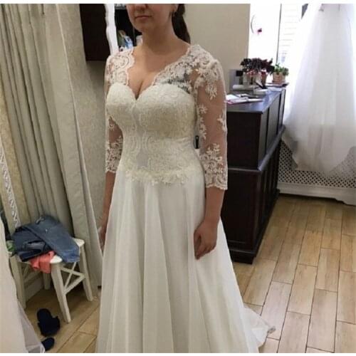 2020 New Lace Wedding Dresses V-Neck 3/4 A-Line Sleeves Lace Up Back Bridal Gowns Plus Size Chiffon Appliques Vestidos De Novia