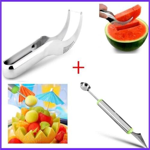 2pc/set Stainless Steel Melon Slicer With Carving Knife Fruit Cutter Corer Server Splitter Watermelon Cantaloupe Papaya Slicer