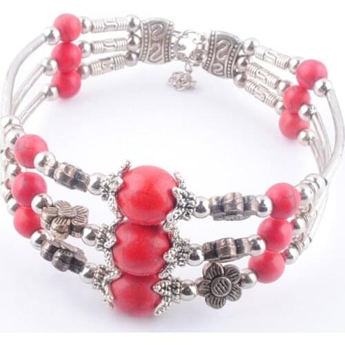 2Pcs Red Turquoises Gem Stone Tibetan Silvers Vintage Bracelets Women Cuff Bracelet Bangle Charm Jewelry Gift TZ061