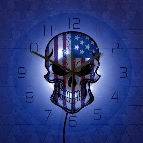 Skull Painted in USA Flag America Skull Head Acrylic LED Wall Clock United States Patriotic Wall Decor Hanging Wall Light Watch