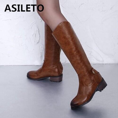 ASILETO Vintage Square Low Heel knee high boots Wide Leg Knee High Boots Women Shoes Round Toe Western Zipper Big Size 34-48