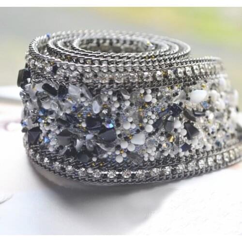 50CM Length Hot Fix Glitter Dress Rhinestones Motifs Ribbon Crystal Iron On Patches Applique Hotfix Strass Sewing Fabric