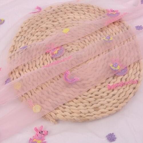 2meters/lot 130cm Rainbow piglet embroidery gauze mesh lace fabric diy dress children princess dress fashion fabric