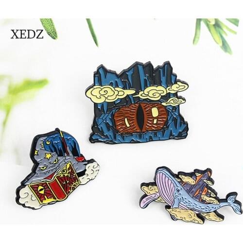 XEDZ Evil Hat Dark Cloud Whale Shark Enamel Brooch Cartoon Children Horror Cave Sea Animal Clothing Backpack Badge Jewelry Gift