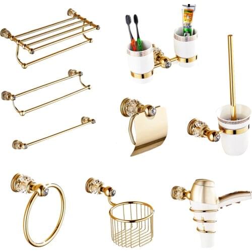 European Gold Bathroom Hardware Set Antique Crystal Bathroom Accessories Wall Mounted Polish Finish Brass Bathroom Products rw0