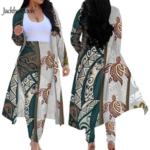 Jackherelook Vintage Maori Samoan Polynesian Tribal Turtle Print 2 Piece Cardigan Skinny Long Pants Suit High Waist Leggings
