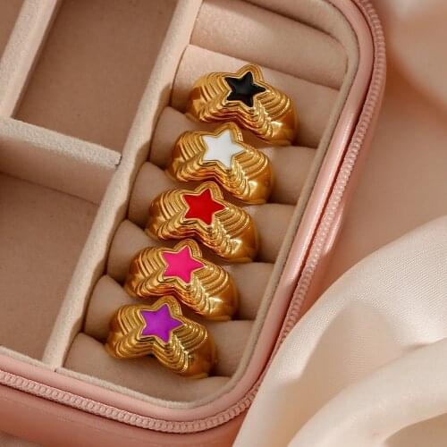 2021 New Trendy Stainless Steel Waterproof Texture Side Enamel Star Gold Rings For Women Gold Plated Colorful Pentagonal Ring