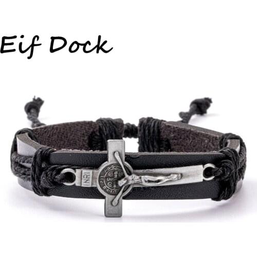 Eif Dock Men Jewelry Vintage Metal Leather Bracelets & Bangles Cross Jesus Bracelet Adjustable Wax Cord Black Brown wholesale