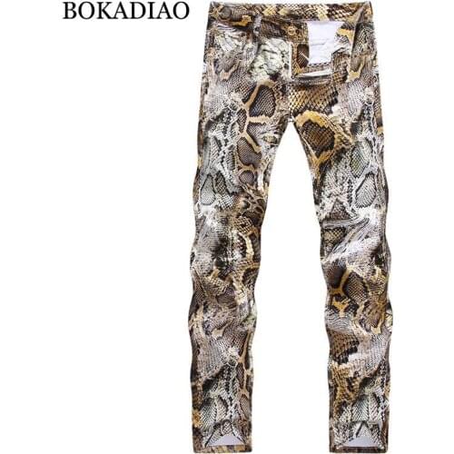 BOKADIAO Man jeans fashion snakeskin Print Straight jeans for men Pants wild Slim stretch denim trousers male Streetwear trendy