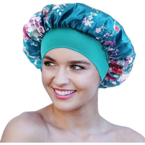 New Style Ladies Satin Printed Elastic Wide-brimmed Round Hat Wash Shower Cap Simulation Silk Night Cap Hair Care Cap