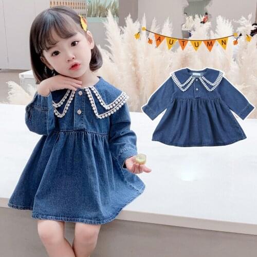 New Fashion Spring Dresses Double-Layered Collar Girls Jean Dress Casual Denim Clothes Princess Party Dresses Girls Clothes