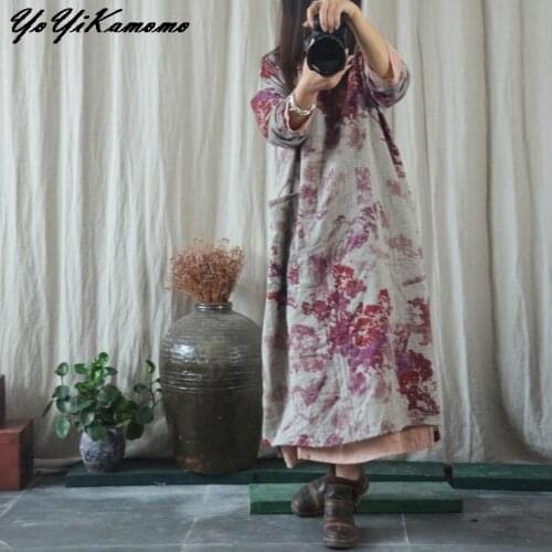 YoYiKamomo Cotton Linen Women Dress 2017 Maxi Autumn Spring Original Printed V-neck Dress Brief Loose Women Robe