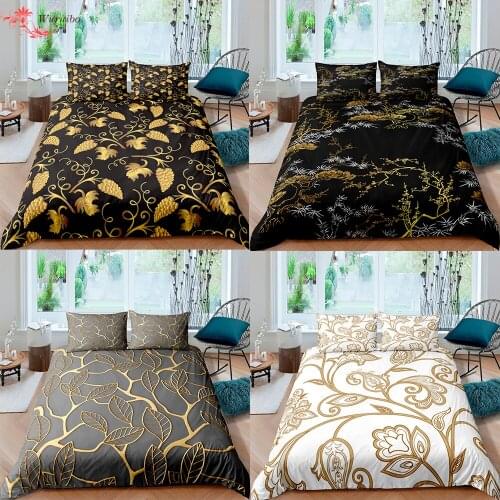 Golden Flower Duvet Cover Soft Single Double Bed Full Size Bedding Set Vintage Baroque Leaf Bed Cover Pillowcase Luxury 2/3 pcs