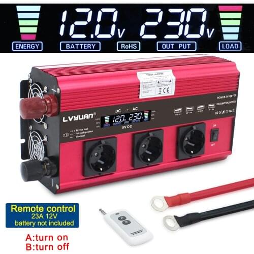 12000W Full Power Inverte LCD Wireless Remote Control Car Inverter 3 Socket Transformer Power Converter Solar Inverter 12v 220v