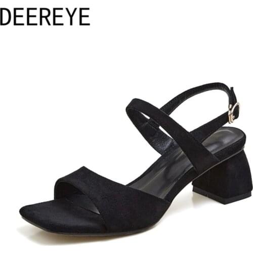 Big Small Size Suede Chunky High Heel Sandals Square Toe Slingback Ankle Straps Black High Ladies' Luxury Fashion Comfort Shoes