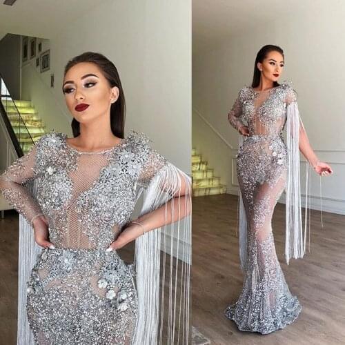 Sexy See Through Evening Dresses Mermaid Style vestidos Lace Long Sleeve Crystals Major Beading Prom Party Gowns