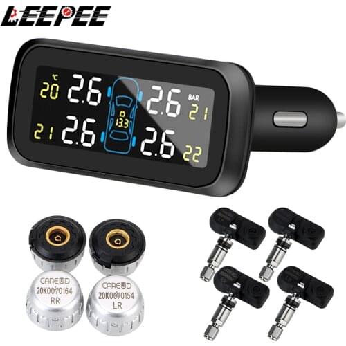 LEEPEE Auto TPMS Security Alarm Systems Wireless Digital LCD Display Tire Pressure Monitoring System Cigarette Lighter Type