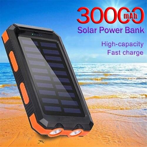 Solar Power Bank 30000mAh Large Capacity Charger 2USB Travel Camping Lights Waterproof Power Bank for Samsung Xiaomi IPhone