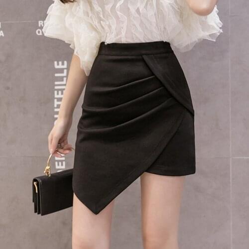 Women Sexy High Waist Elegant Folds Black Mini Short Skirts 2021 New Spring Summer Patchwork Irregular Package Hip Bodycon Skirt