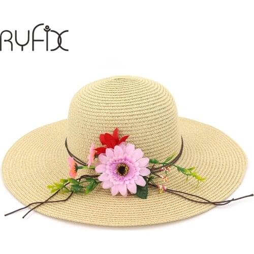 Ladies beach holiday beach sun hat large eaves flower straw hat flat edge sun hat stylish hot style HA37