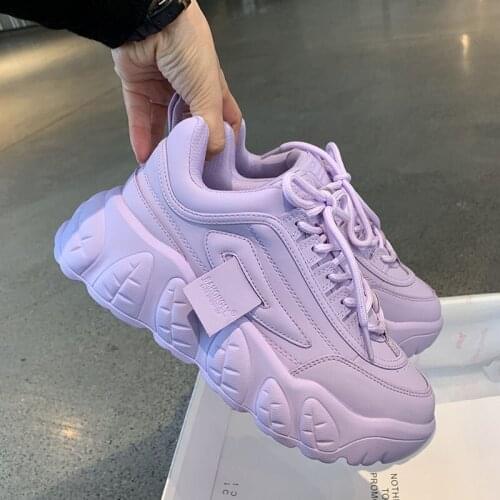 2021 New Spring Korean Pink Chunky Sneakers For Women Shoes Thick Sole Purple Platform Sneakers White LeatherCasual Shoes Woman