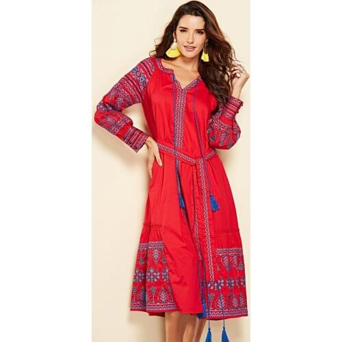 Boho Floral Embroidery Women Dress Vintage Long Sleeve V-neck Lace-up Tassel Ethnic Dresses Autumn Cotton Sashes Long Dress 2020