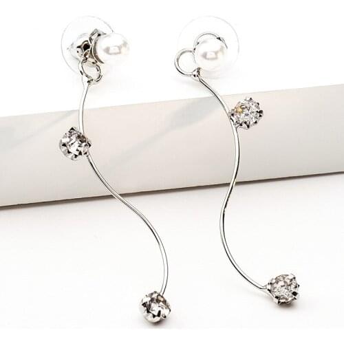 10 pairs/lot Crystal Tassel Stud Earrings Simulated Pearl Silver S Chain Charm Earring Ear Jewelry Dangle Eardrop Pendientes