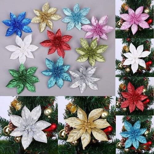 10pcs 9cm Christmas Poinsettia Glitter Flower Colorful Artificial Cloth Christmas Flower For Xmas Tree Hanging Topper DIY Decor