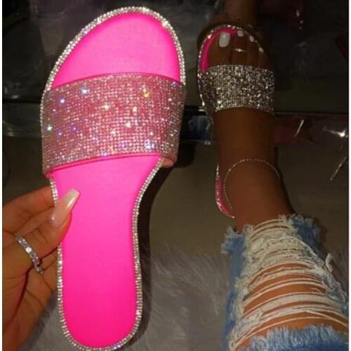 2020 summer new plus size ladies slippers wear rhinestone flat sandals and slippers beach slippers X194