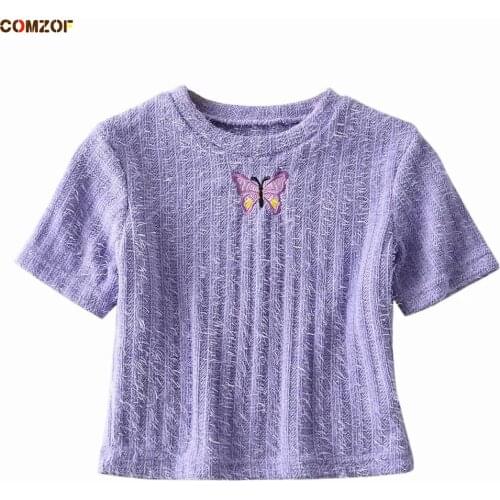 2021 Summer Women Short Sleeve T Shirt Butterfly Embroidery Tees Fashion Knitting Crop Tops Clothes Camisetas De Mujer