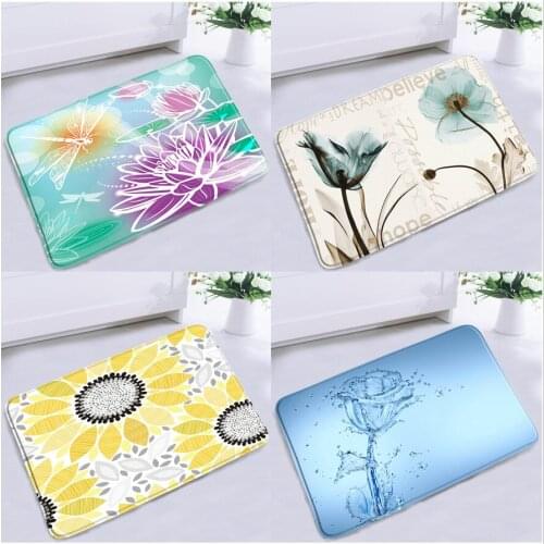 Abstract Flower Bathroom Mat Lotus Dragonfly Blue Rose Absorbent Non-slip Bathtub Rugs Flannel Kitchen Bedroom Entrance Carpet
