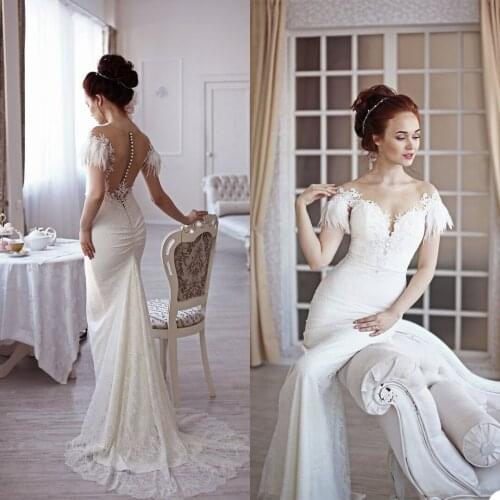 Bohemian Wedding Dresses Capped Sleeves Appliques Mermaid Bridal Gowns Custom Made Button Back Sweep Train Boho Wedding Dress