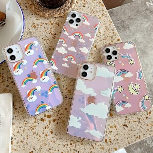 Laser Dream Rainbow Cloud Phone Case For iPhone 11 12 Pro X XR XS Max Mini 8 7 Plus SE 2020 Soft Blue Moon Stars IMD Back Cover