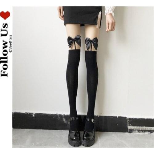 Lolita Kawaii Bow Garter Stockings Gothic Women Over The Knee Long Socks Cotton White Japanese Cute JK Black Thigh High Socks