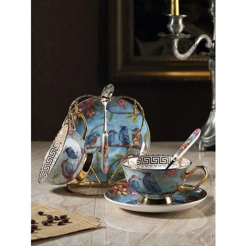 Flower bird bone china coffee cup saucer set Nordic ceramic flower tea cup creative high-end afternoon tea coffee mug with shelf