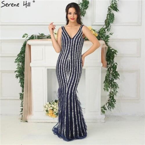 Dubai Designer Luxury Blue Sexy Evening Dresses 2020 Deep-V Backless Diamond Beading Evening Gowns Real Photo LA6585