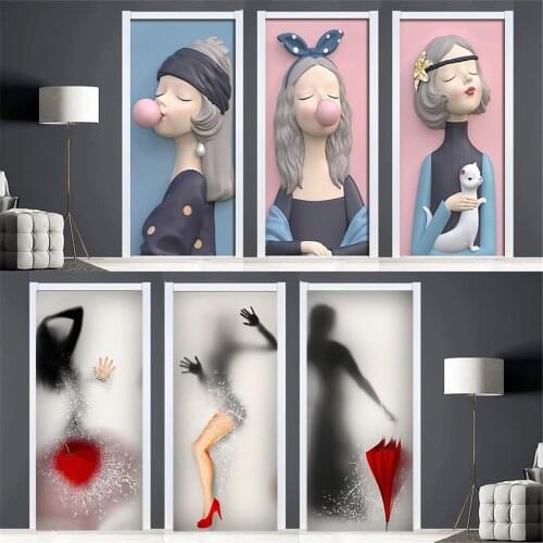 Cute Girls Door Poster Home Art Decorative Wallpaper For Door Vinyl Waterproof Modern Removable Umbrella Sticker Beauty Murals