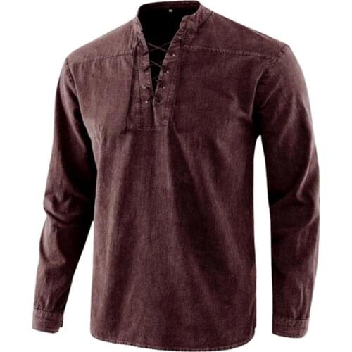 Men T-Shirt Casual Solid Color Lace Up Vintage Stand Collar Long Sleeve Slims Fit Top Dating Tees
