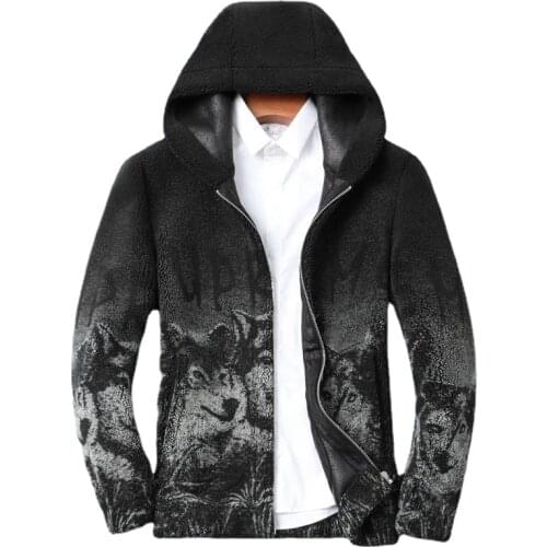 Fashion Wolf Head Print Outerwear Outdoor Warm Coat Windbreaker Lamb Wool Mens Jackets Coat Plus Fur Hooded Fashion Clothing