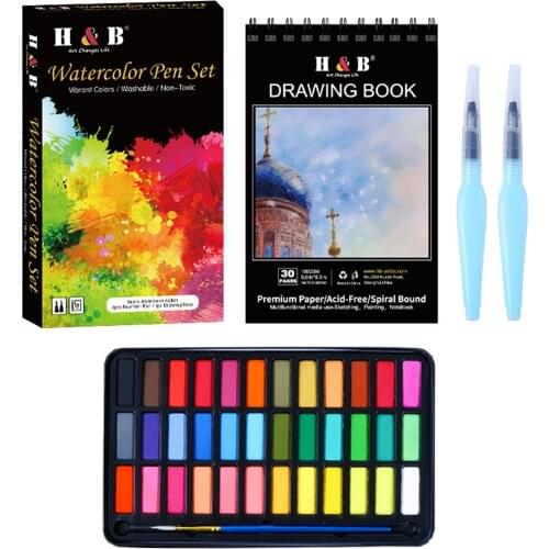 36 Watercolors Paint Set Kit with 1 * Brush Paintbrush/ 2 * Fountain Pen/ 1 * Pninting Book Art Supplies for Artists Beginners