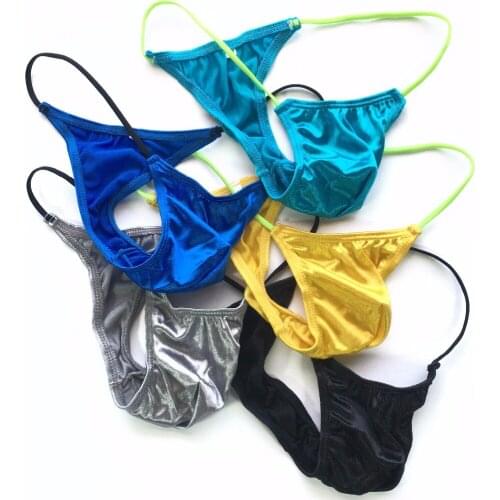 Sexy Mens Thongs Underwear small pouch limit coverage G2089 Mens Micro Bikini String waist shiny satin knit