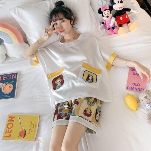 Pajamas Womens Summer Viscose Fiber Thin Sexy Cute Silk Short-Sleeved Large Pullover Two Piece Suit Pajama Set Shorts