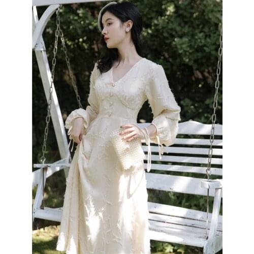 Flocking Long Sleeve V-neck Sexy Maxi Dress Autumn Bow Knot Tie Lantern Sleeve Elegant Style Dresses Retro Temperament Vestidos