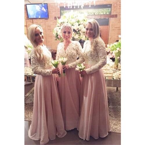 Pink 2019 Cheap Bridesmaid Dresses Under 50 A-line V-neck Long Sleeves Chiffon Lace Pearls Wedding Party Dresses