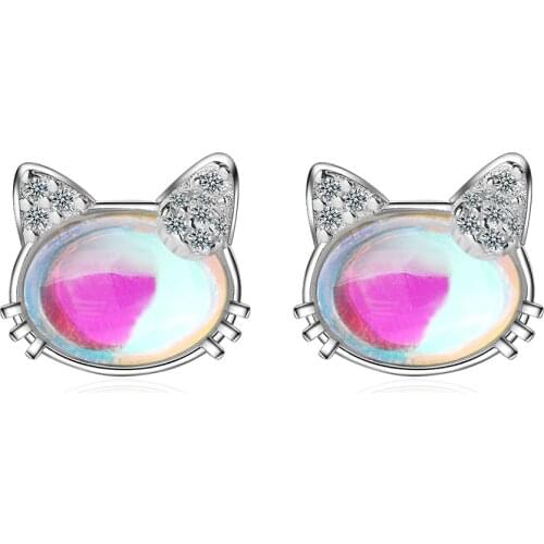 925 Sterling Silver Opal Cat Stud Earrings for Women Elegant Wedding Femme Jewelry eh966
